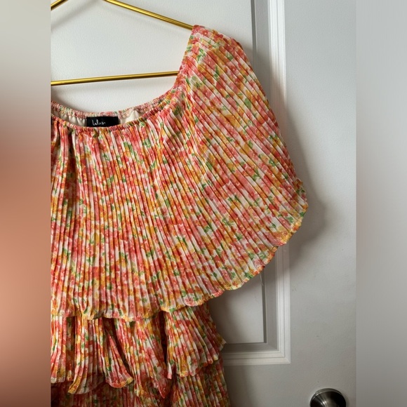 Lulus Gala Ready Peach Multi Floral Pleated Off-the-Shoulder Romper - Picture 9 of 10